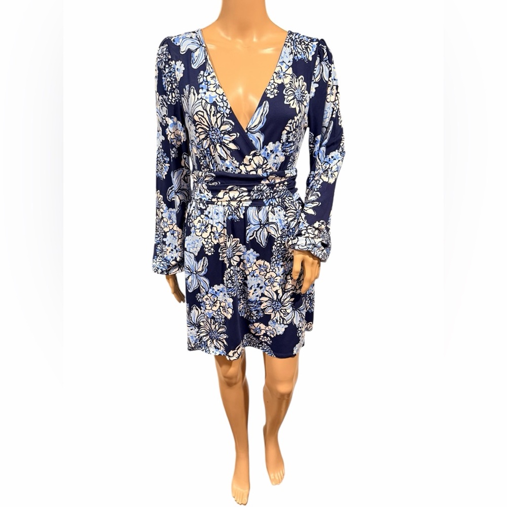 Lilly Pulitzer Riza Long Sleeve Dress Romper Low Tide Navy Bouquet All Day Sz M - Picture 2 of 12